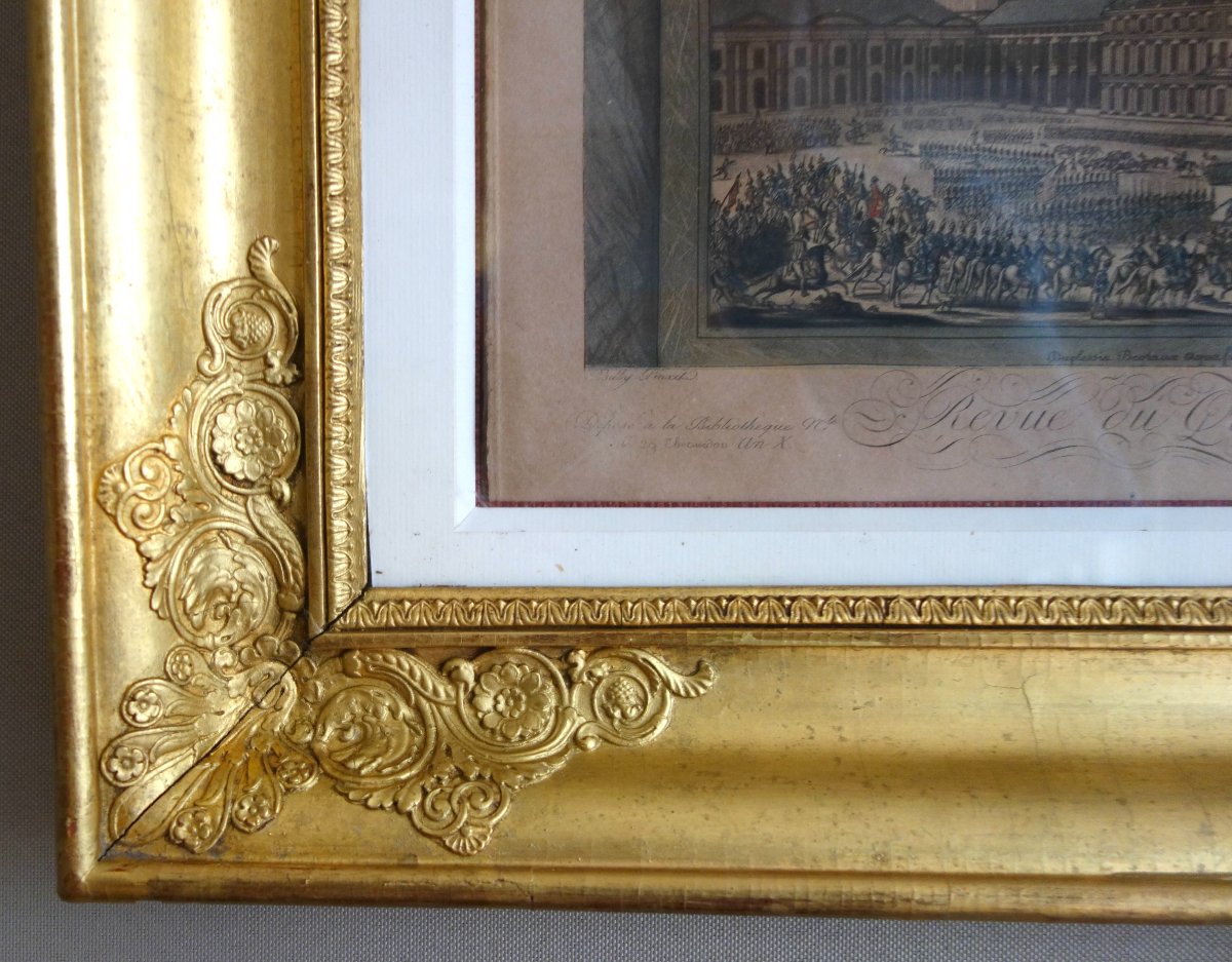 Eau-forte aquarellée : revue du Quintidi par Napoléon Bonaparte 1er Consul, cadre en bois doré-photo-5