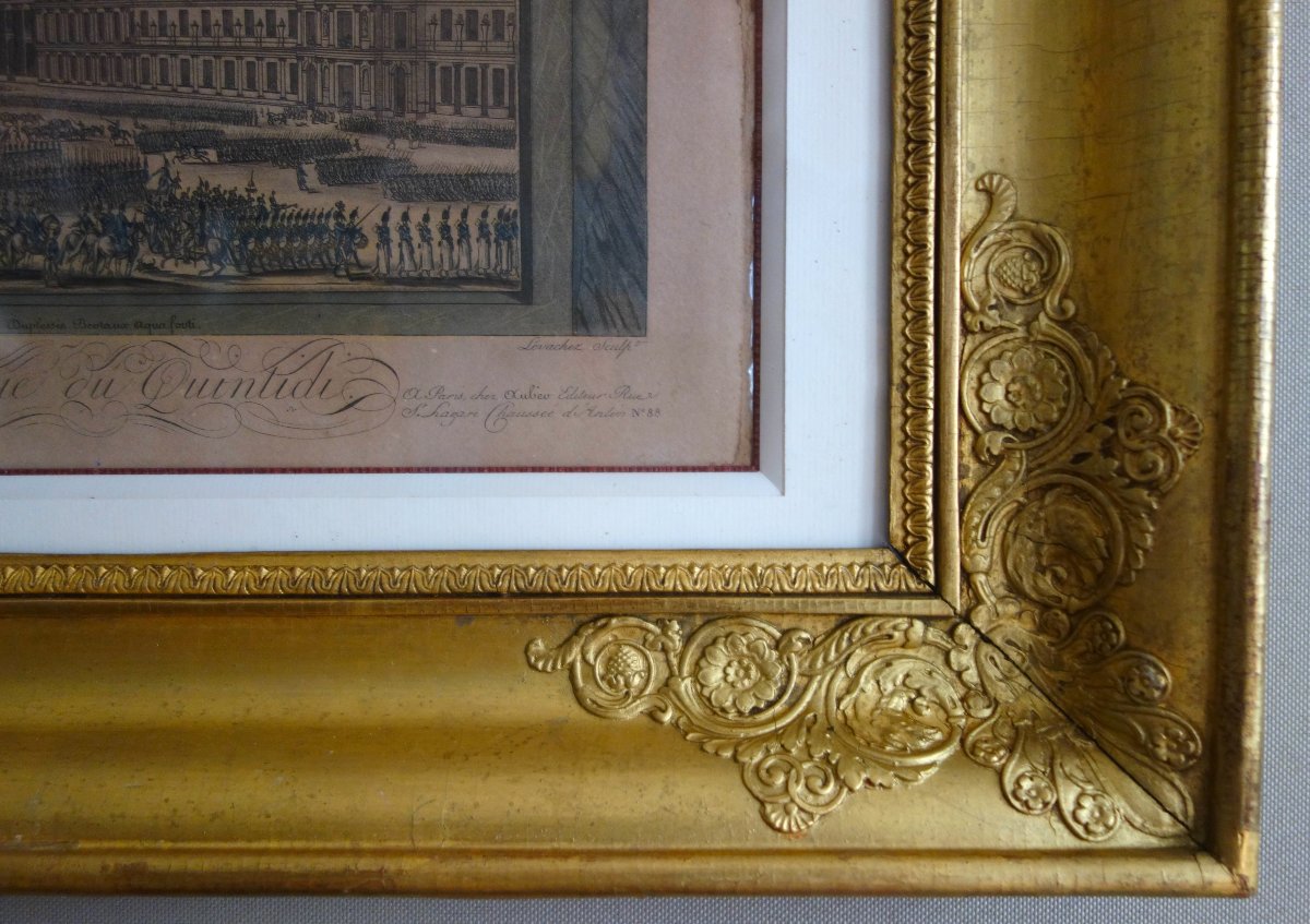 Eau-forte aquarellée : revue du Quintidi par Napoléon Bonaparte 1er Consul, cadre en bois doré-photo-6