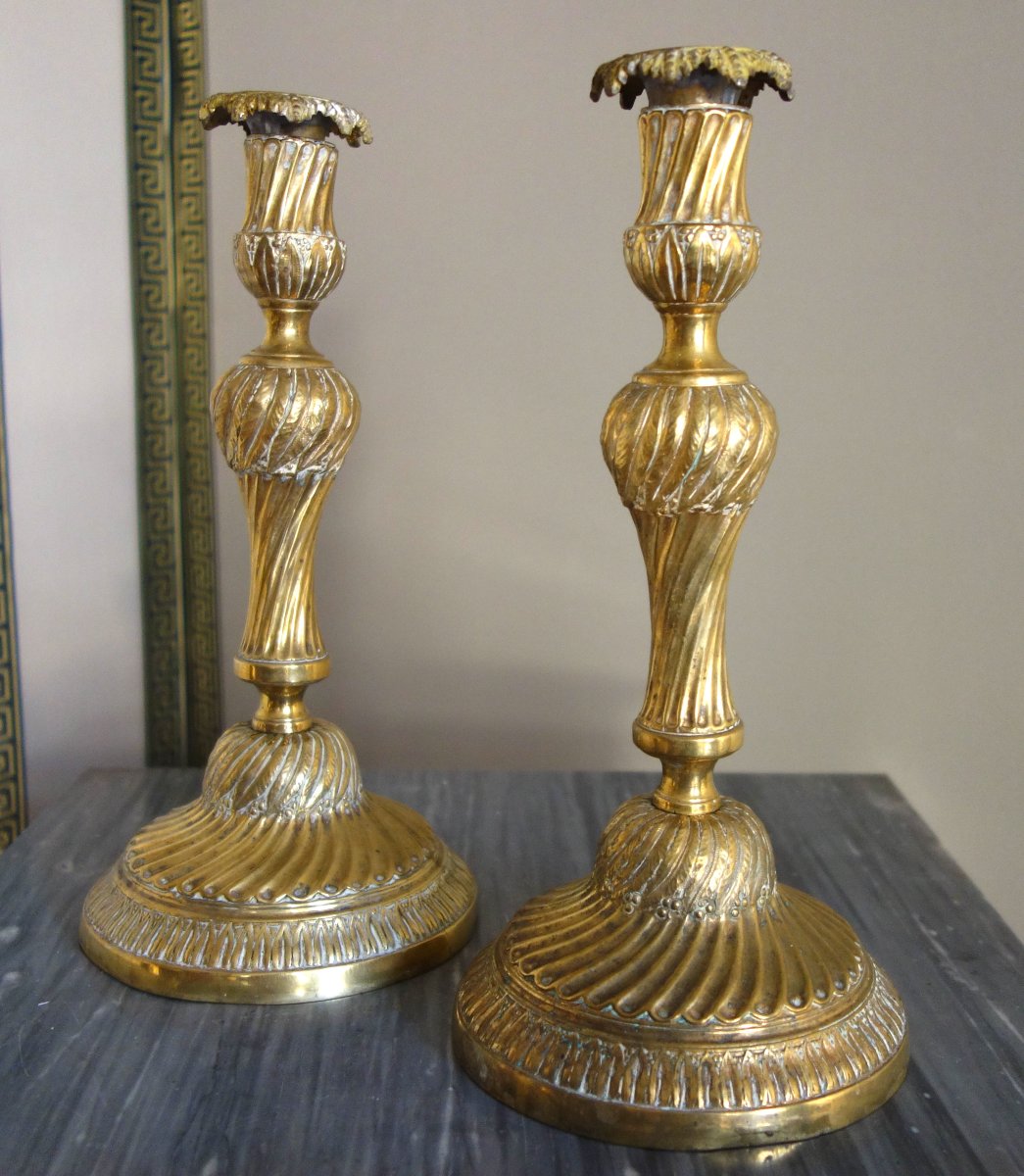 Pair Of Louis XVI-era Candlesticks / Torches In Chiseled Bronze—18th Century-photo-3