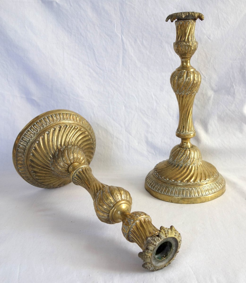 Pair Of Louis XVI-era Candlesticks / Torches In Chiseled Bronze—18th Century-photo-3