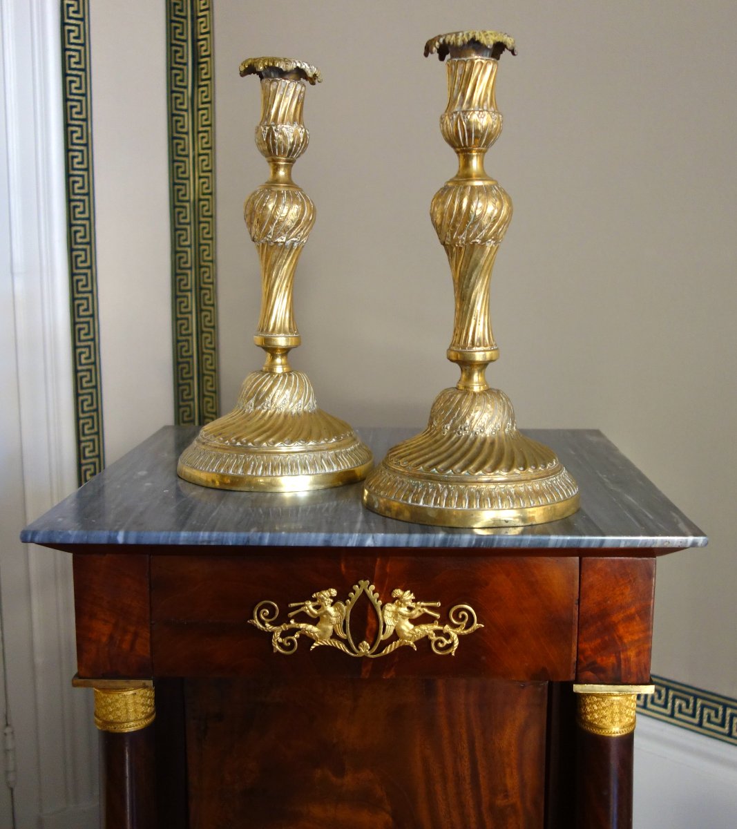 Pair Of Louis XVI-era Candlesticks / Torches In Chiseled Bronze—18th Century