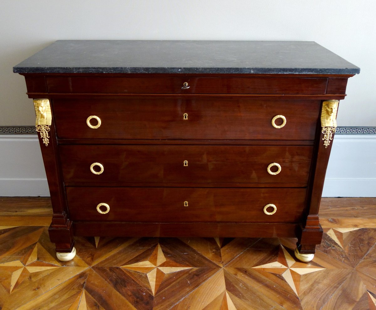 Marcion - "return From Egypt" Chest Of Drawers From The Empire Period, Made Of Mahogany And Gilded Bronze, Circa 1808-photo-2