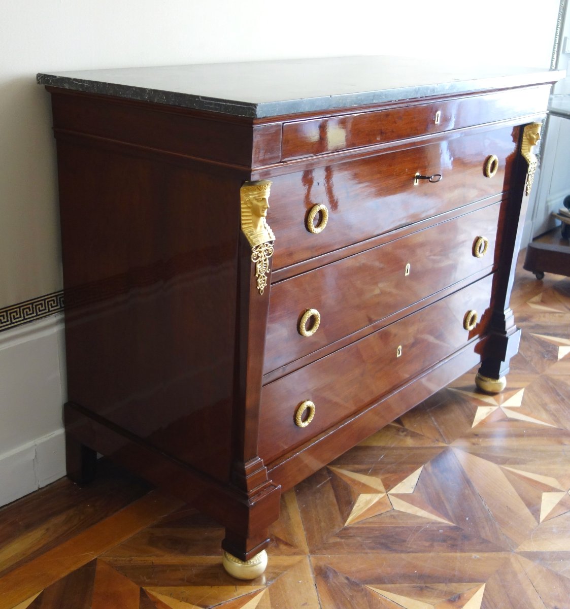 Marcion - "return From Egypt" Chest Of Drawers From The Empire Period, Made Of Mahogany And Gilded Bronze, Circa 1808-photo-4