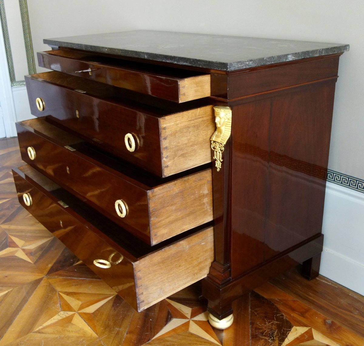 Marcion - "return From Egypt" Chest Of Drawers From The Empire Period, Made Of Mahogany And Gilded Bronze, Circa 1808-photo-1