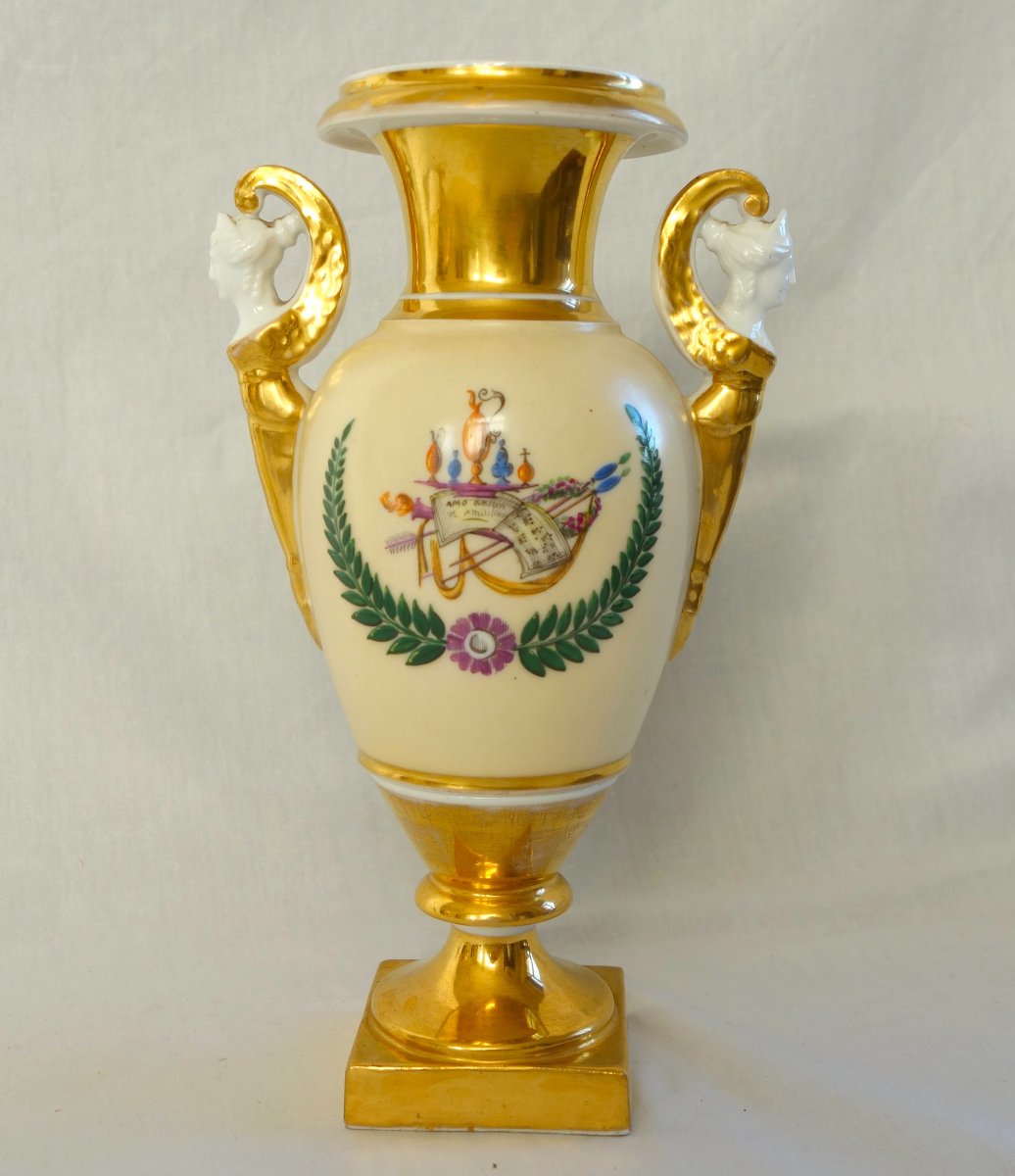 Empire-style Vase Made Of Parisian Porcelain, Gilded With Fine Gold, Featuring A Landscape And An Ancient Allegory-photo-4