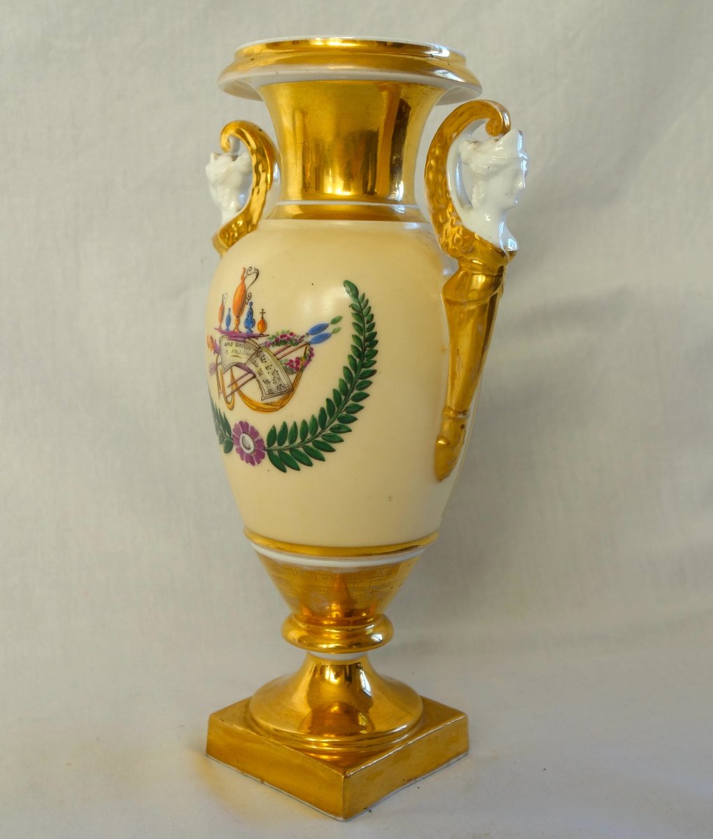 Empire-style Vase Made Of Parisian Porcelain, Gilded With Fine Gold, Featuring A Landscape And An Ancient Allegory-photo-1