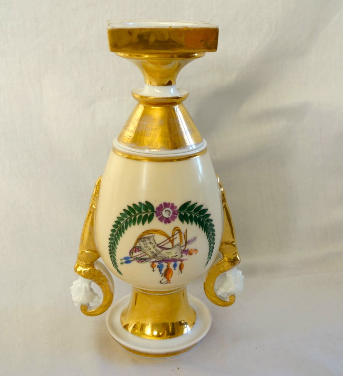 Empire-style Vase Made Of Parisian Porcelain, Gilded With Fine Gold, Featuring A Landscape And An Ancient Allegory-photo-5