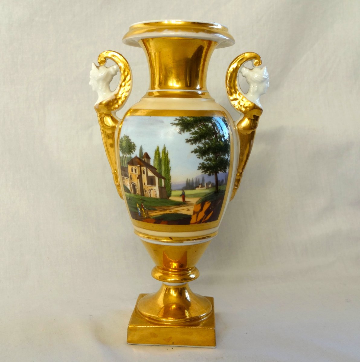 Empire-style Vase Made Of Parisian Porcelain, Gilded With Fine Gold, Featuring A Landscape And An Ancient Allegory