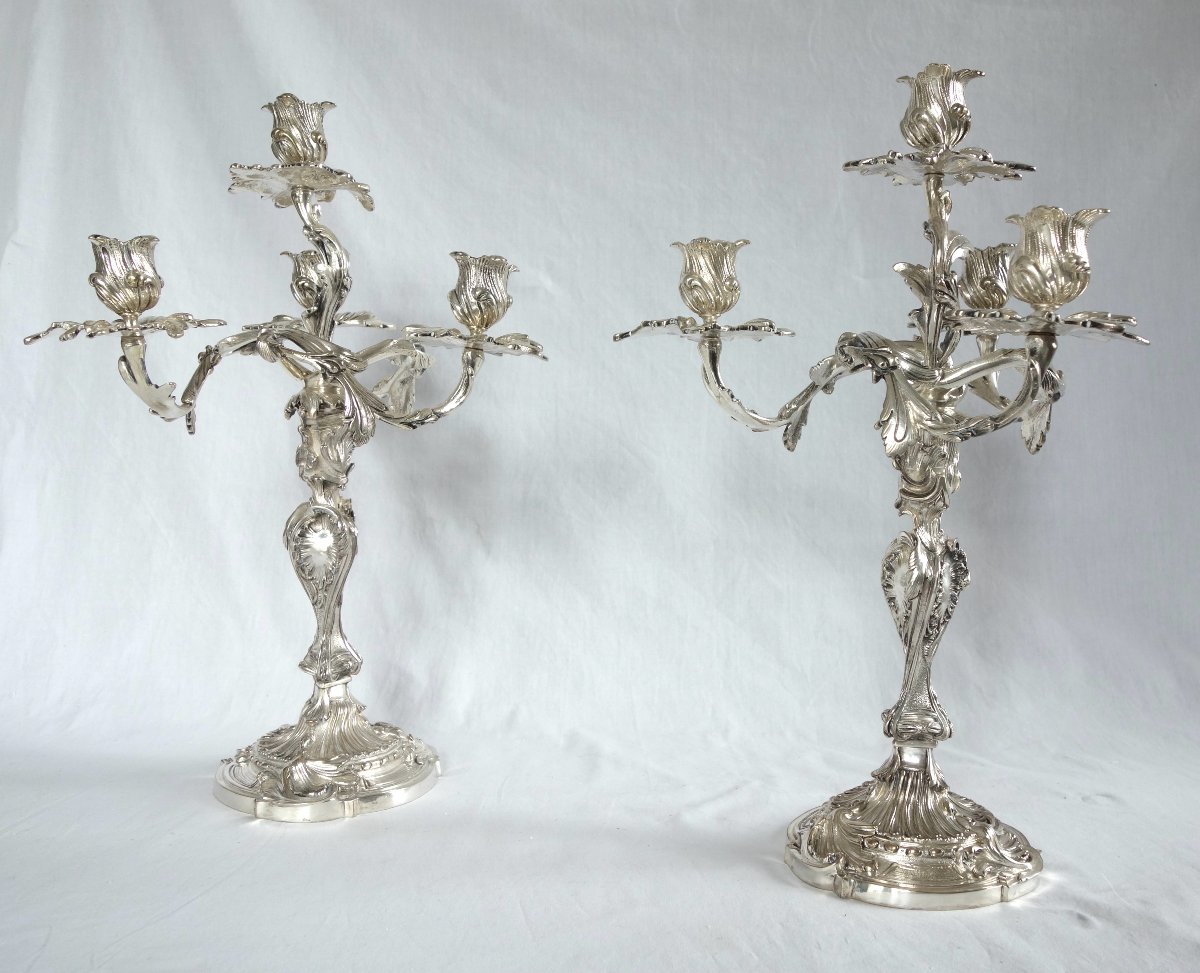 Paire de grands candélabres de style Louis XV Rocaille en bronze argenté d'après Meissonnier-photo-3