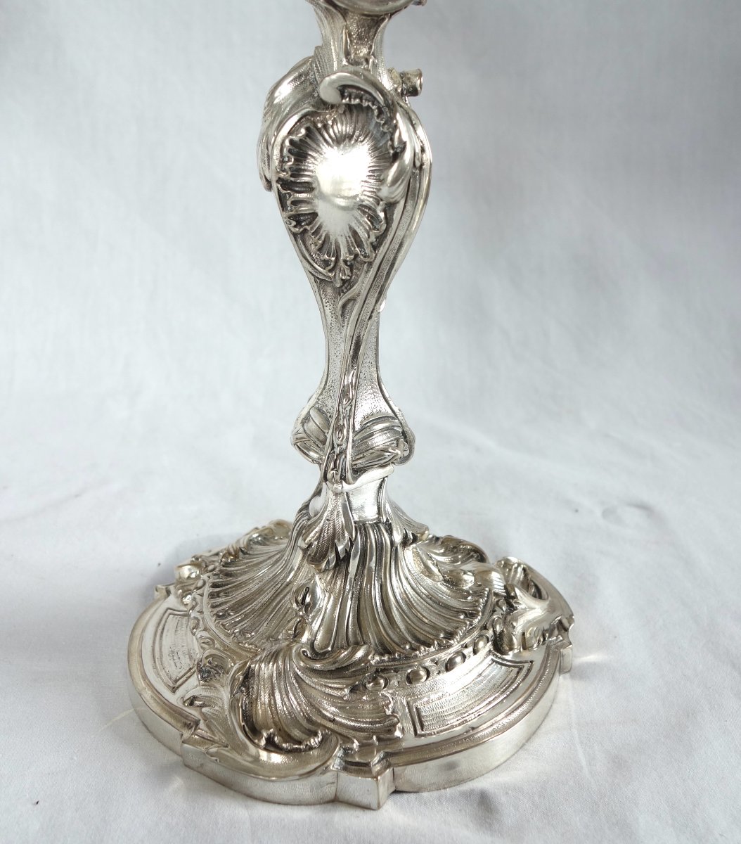 Paire de grands candélabres de style Louis XV Rocaille en bronze argenté d'après Meissonnier-photo-4