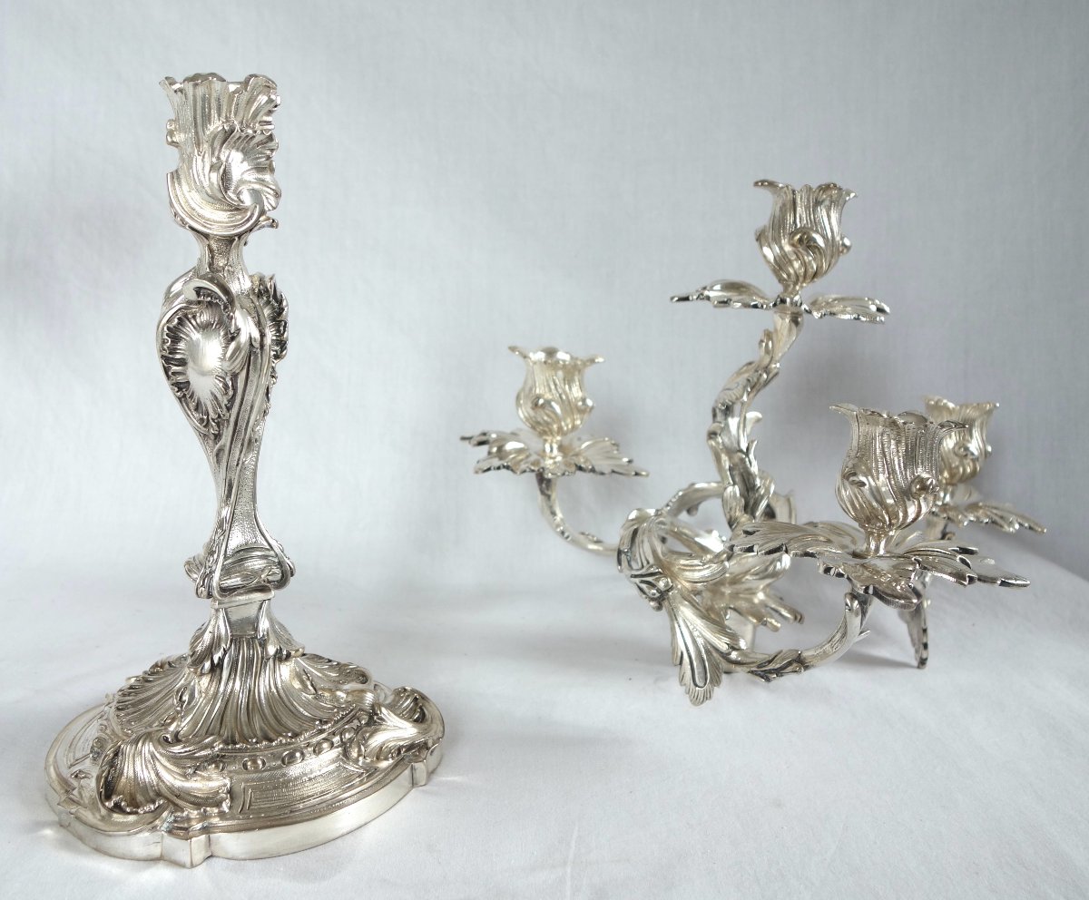 Paire de grands candélabres de style Louis XV Rocaille en bronze argenté d'après Meissonnier-photo-5