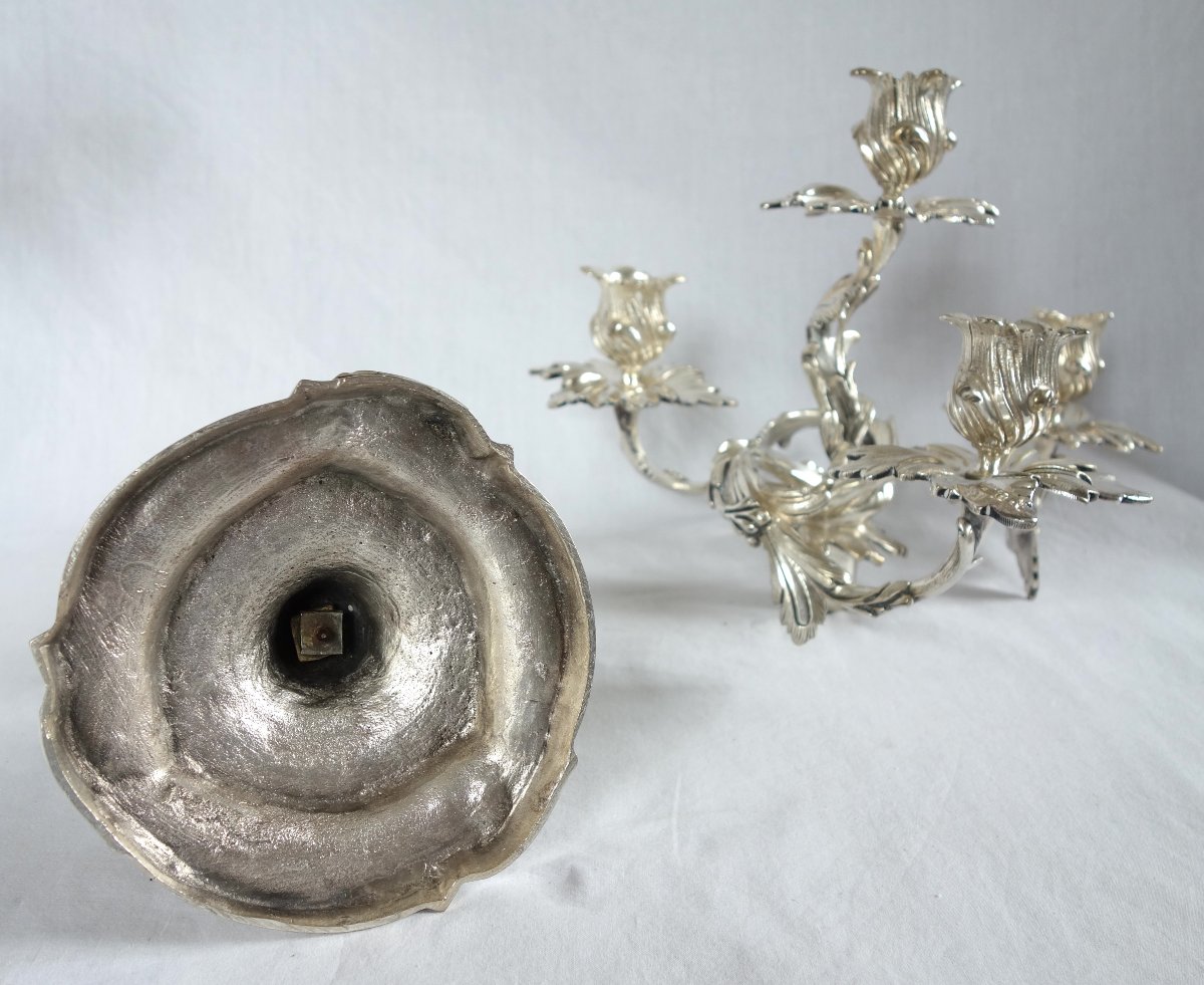 Paire de grands candélabres de style Louis XV Rocaille en bronze argenté d'après Meissonnier-photo-8