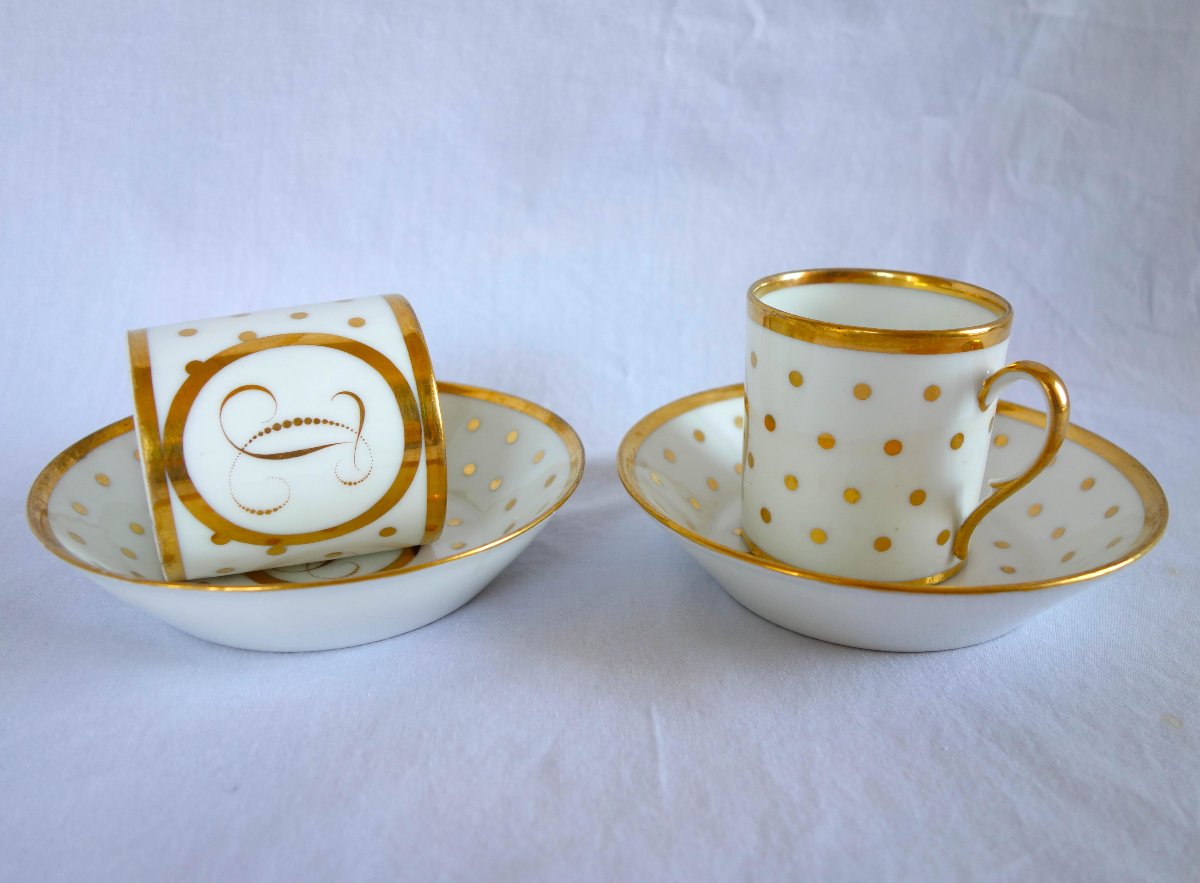 Pair Of Empire-period Porcelain "litron" Coffee Cups, With A Gold-dotted Monogram Design-photo-2