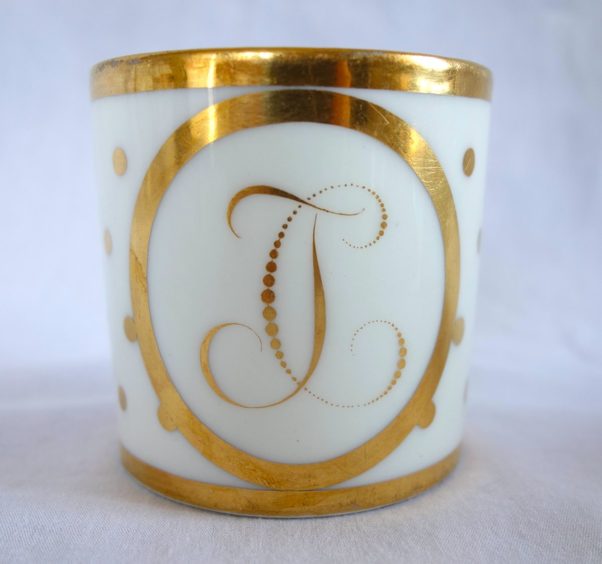 Pair Of Empire-period Porcelain "litron" Coffee Cups, With A Gold-dotted Monogram Design-photo-4