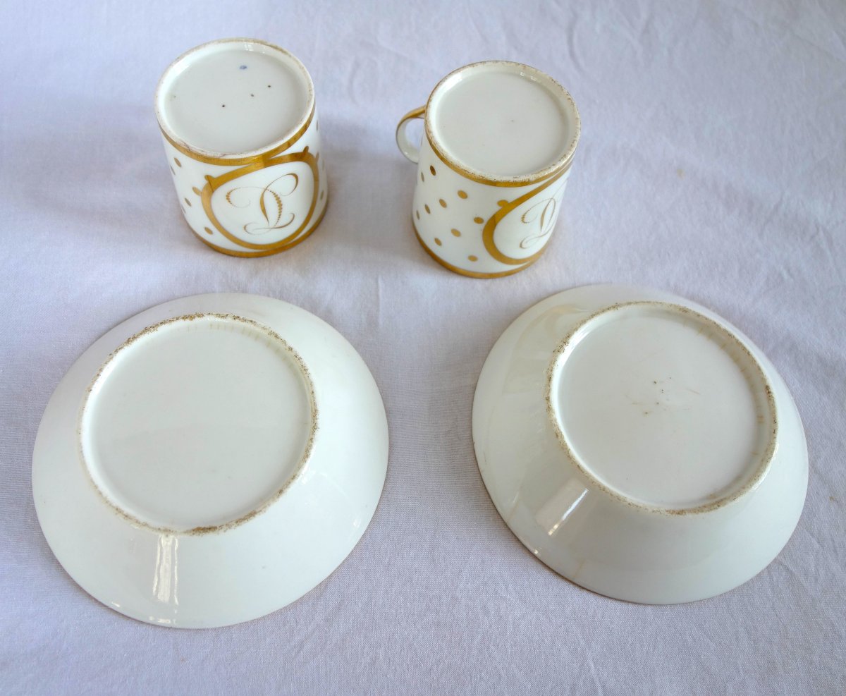 Pair Of Empire-period Porcelain "litron" Coffee Cups, With A Gold-dotted Monogram Design-photo-4
