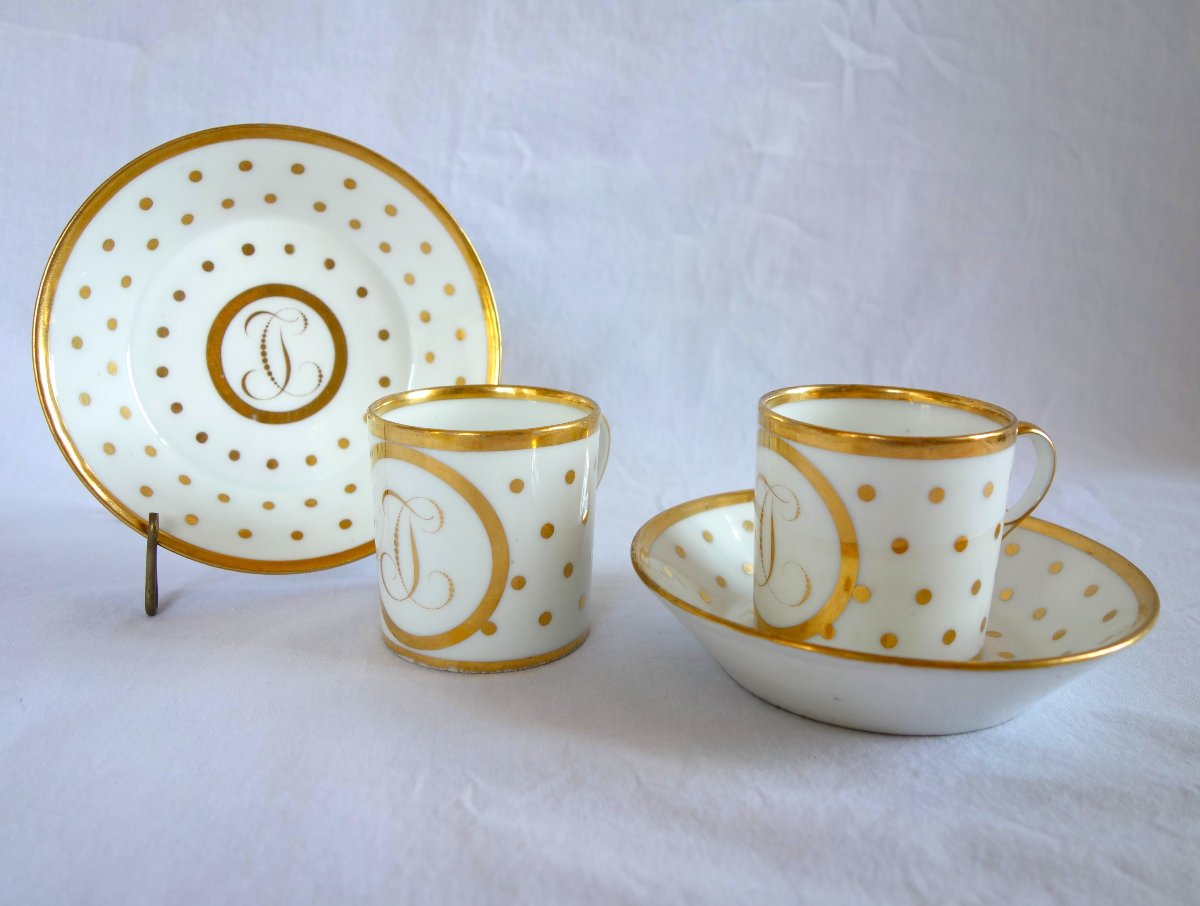 Pair Of Empire-period Porcelain "litron" Coffee Cups, With A Gold-dotted Monogram Design