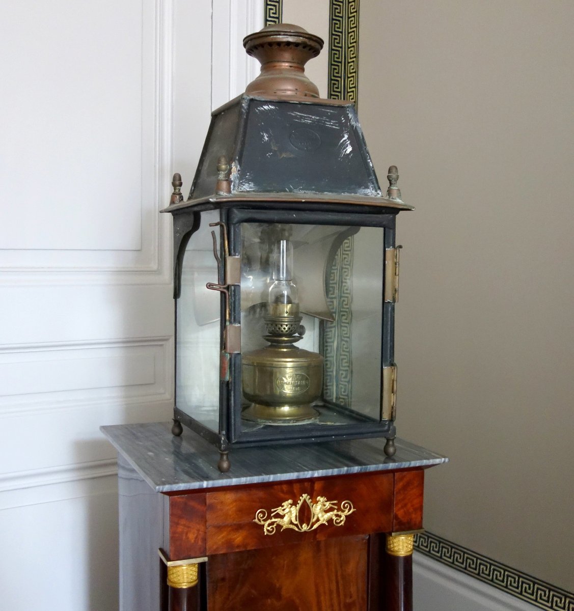 Wall Lantern, Complete With Its Kerosene Lamp And Reflector—late 19th-century Neoclassical Style