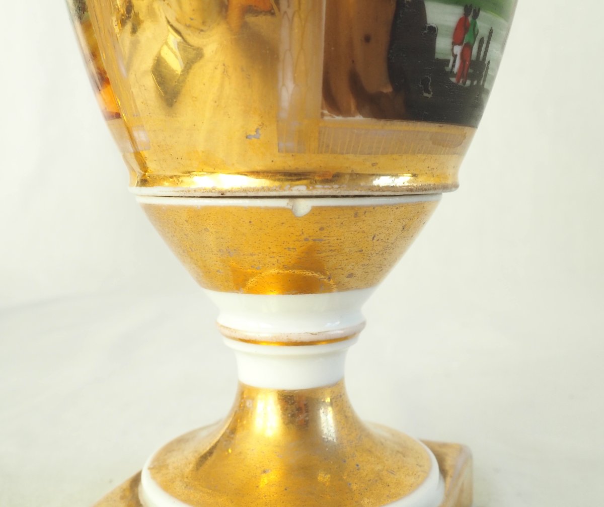 Vase Empire en porcelaine de Paris doré à l'or fin, couple d'ecossais jouant au golf-photo-7