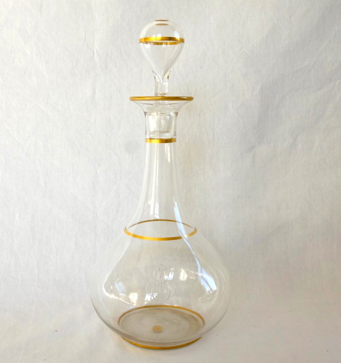 Baccarat - Crystal Decanter With Gold-plated Ribbing, Mg Monogram, And Paper Label