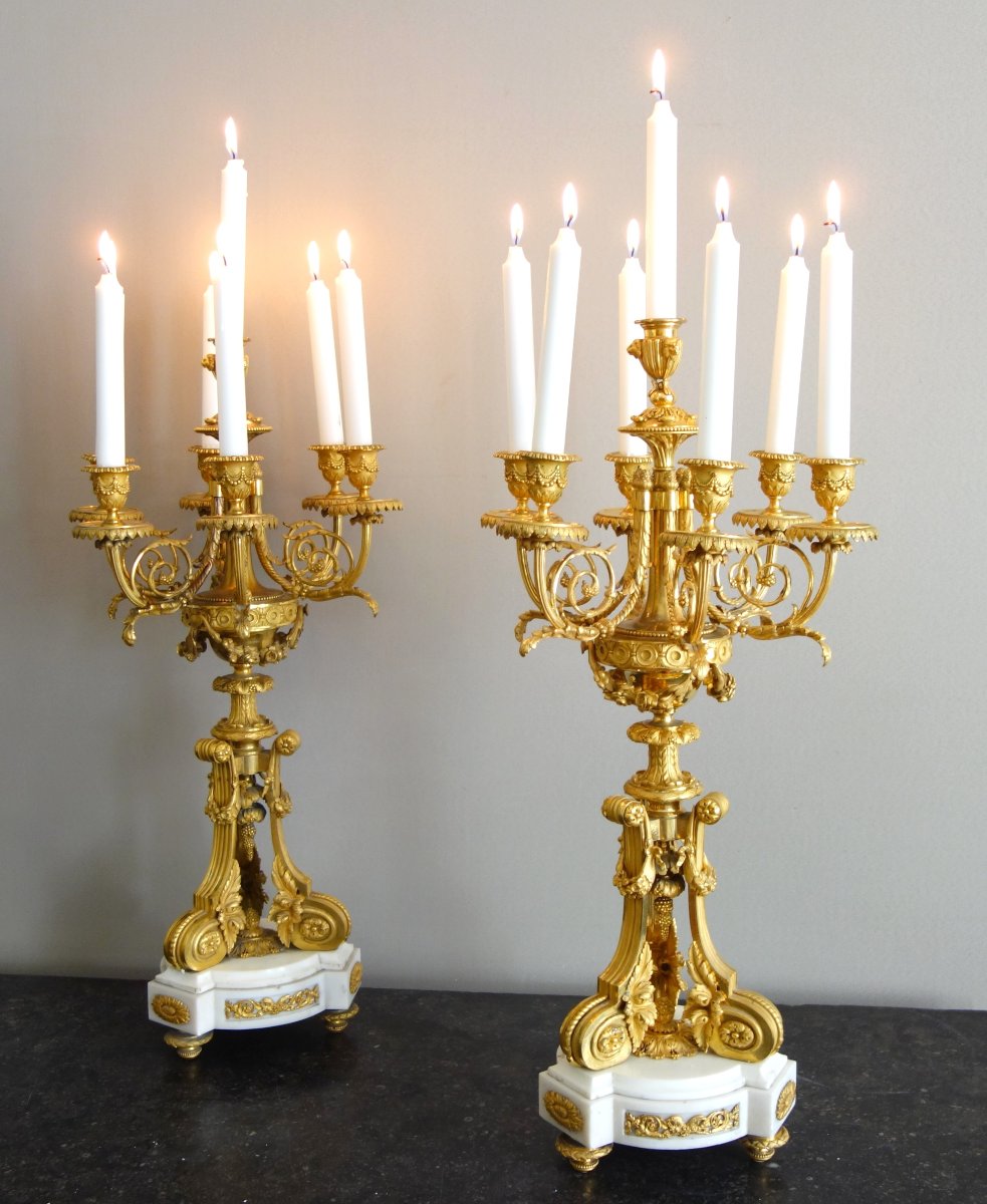 A Pair Of Important Gilded Bronze Candelabra Attributed To Denière, Based On Dugourc