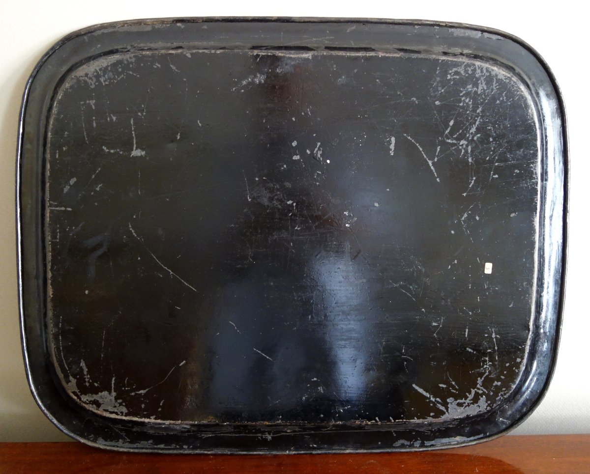 Large Napoleon III-style Serving Tray Made Of Lacquered Sheet Metal, Featuring Chinese-style Motifs On A Black Background, 57x53 Cm-photo-3