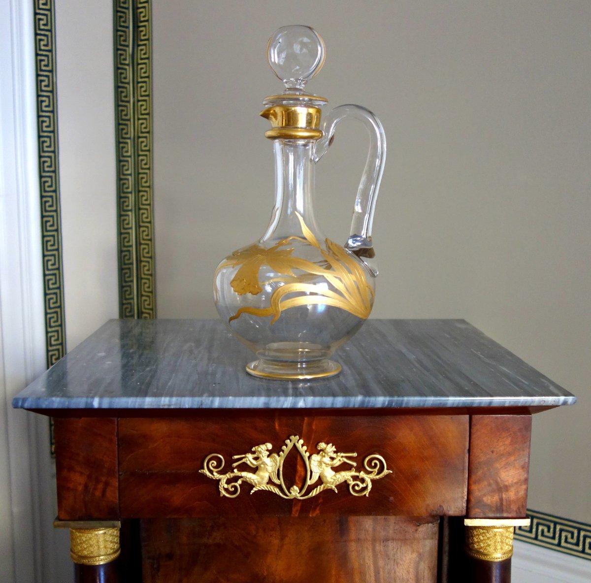 Baccarat - Carafe aiguière en cristal doré d'époque Art Nouveau - étiquette papier