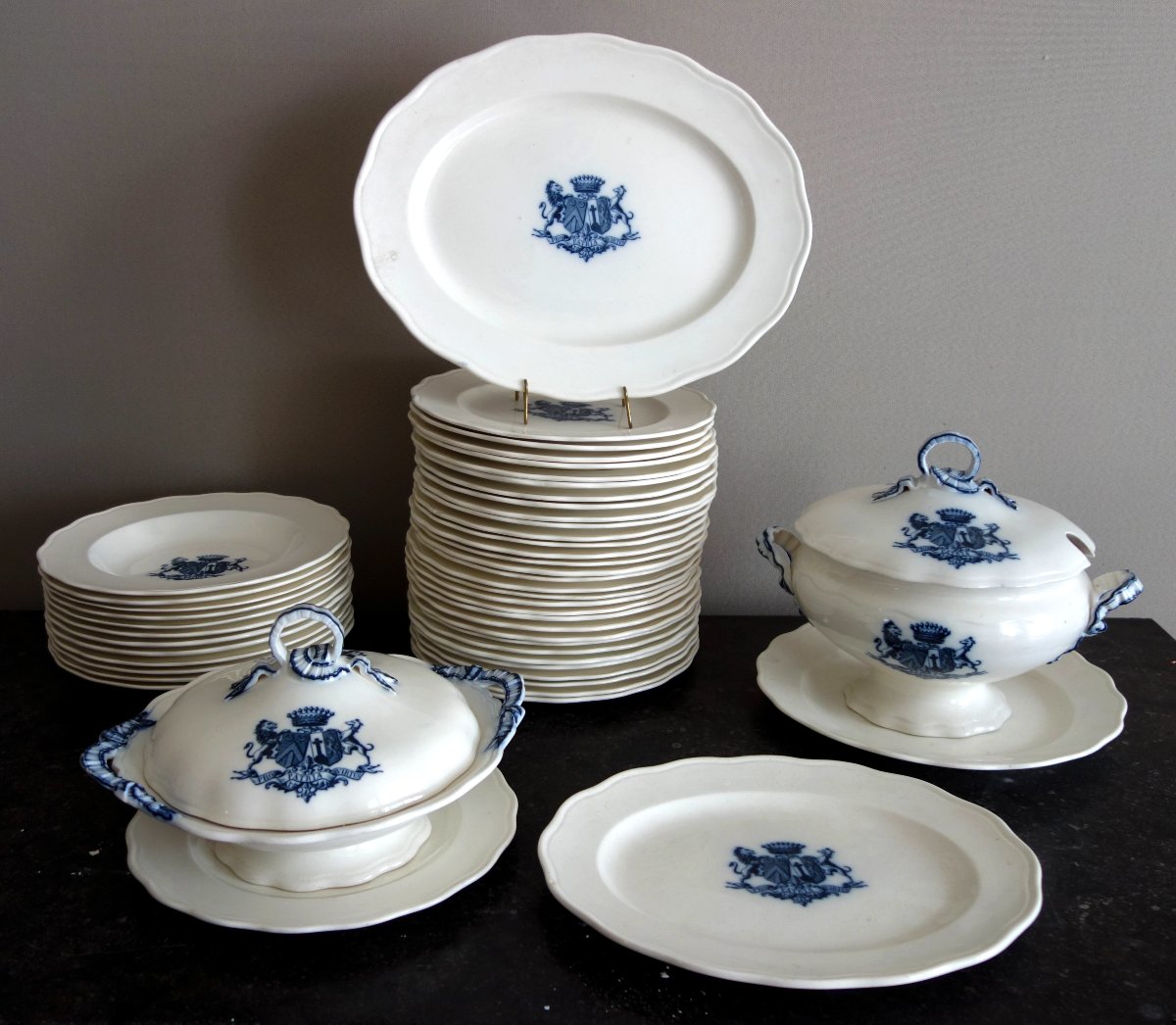 Galbert Family - Brown-westhead Moore & Co. Faience Tableware Set With Coat Of Arms, 46 Pieces