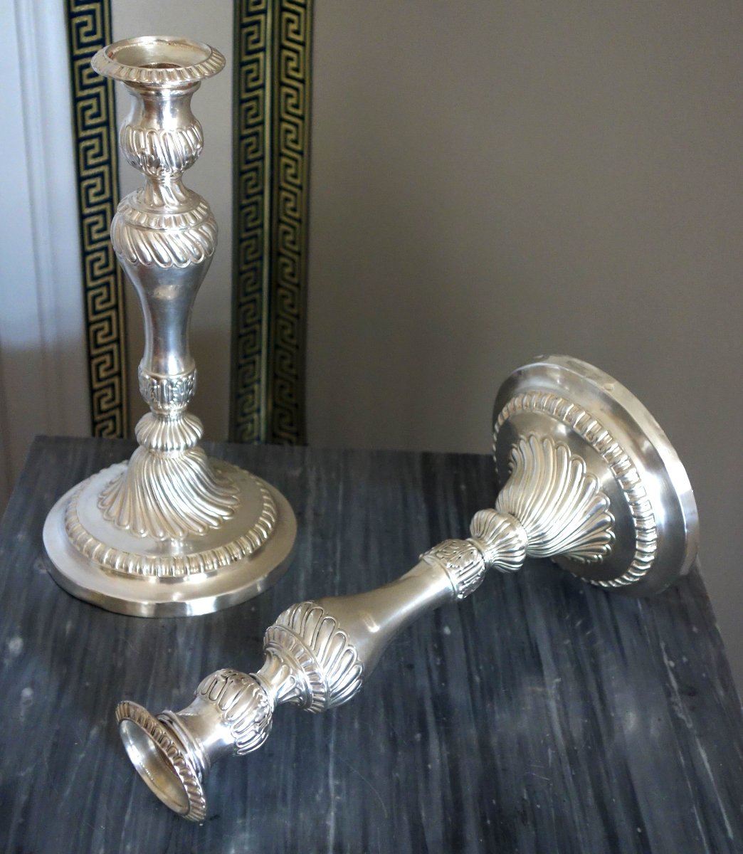 Pair Of Silver-plated Bronze Candlesticks In The Louis XV Style, Circa 1840-photo-2