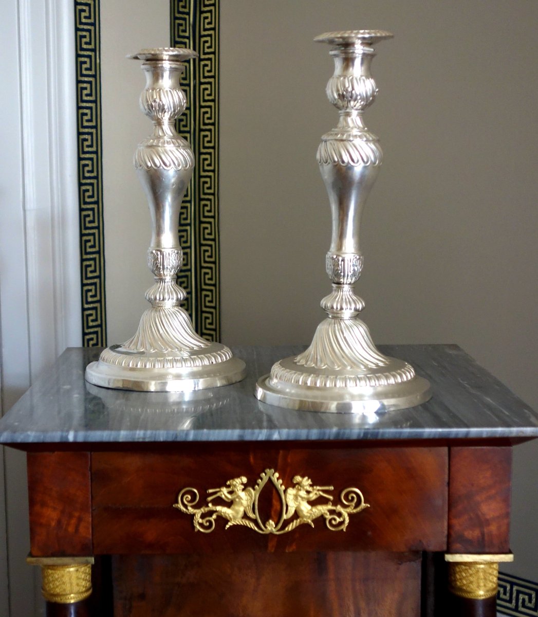 Pair Of Silver-plated Bronze Candlesticks In The Louis XV Style, Circa 1840