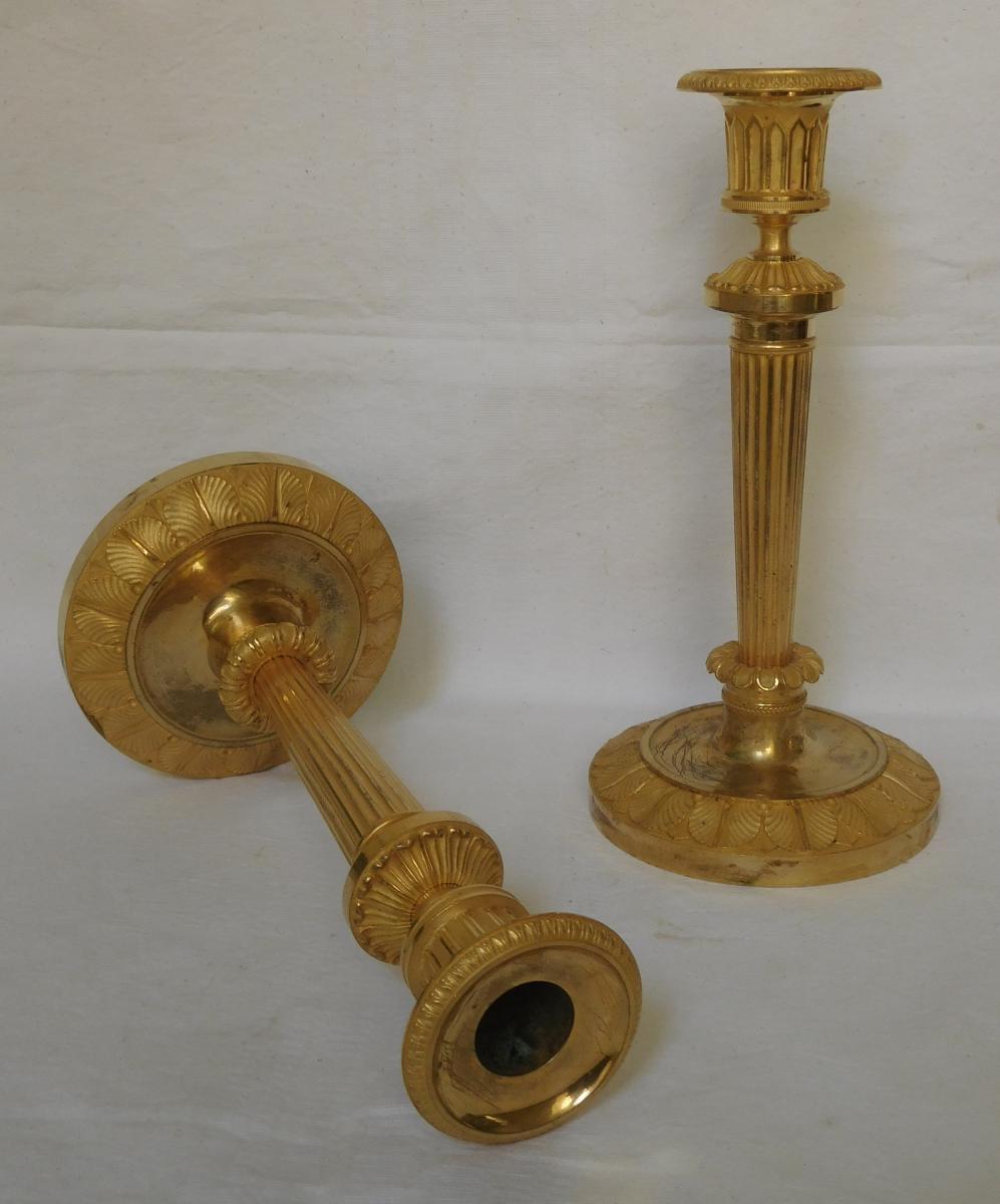 Claude Galle Model Of Chateau Fontainebleau Pair Of Candlesticks Empire - Gilt Bronze Mercury-photo-2