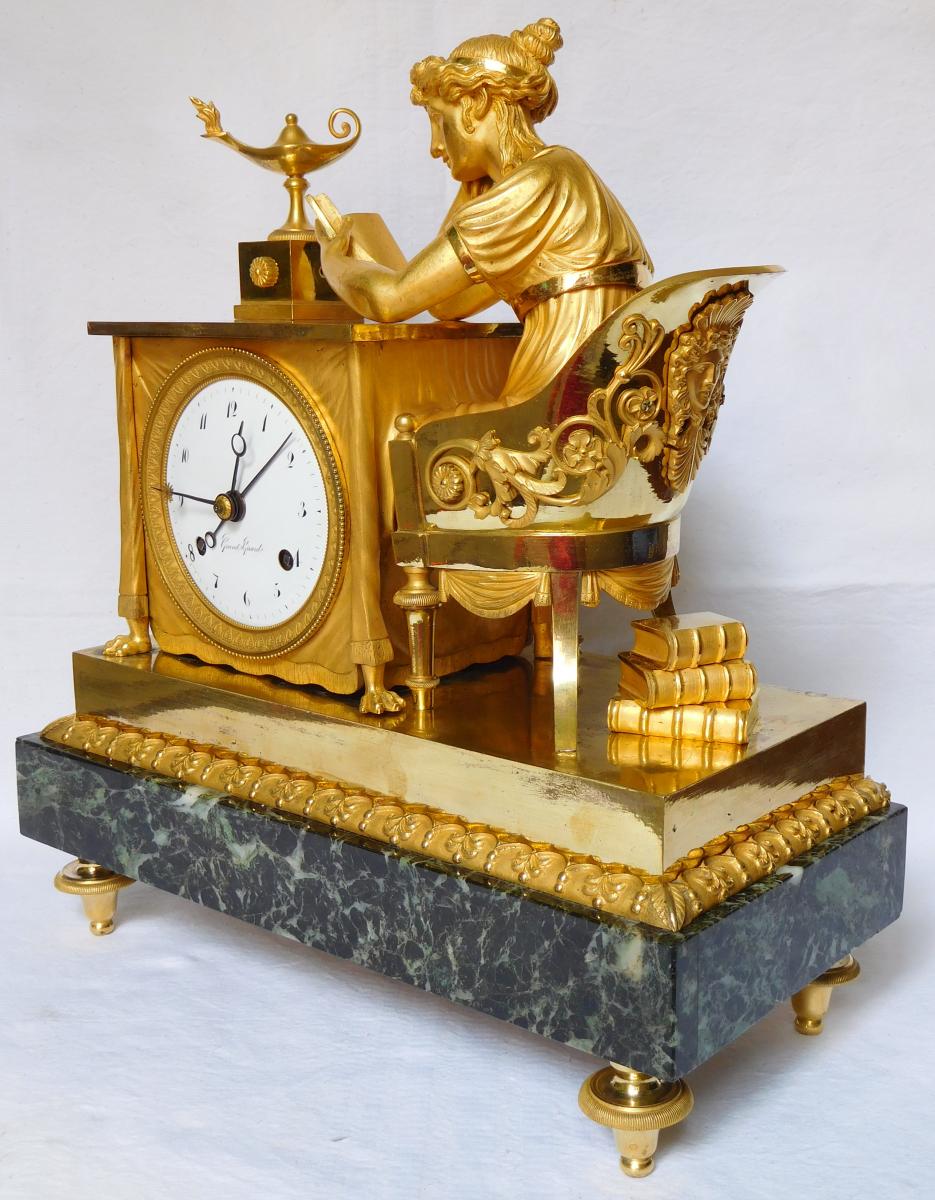 Pendule "la Liseuse" d'Après Reiche Par Claude Galle & Grand Girard. Bronze Doré époque Empire