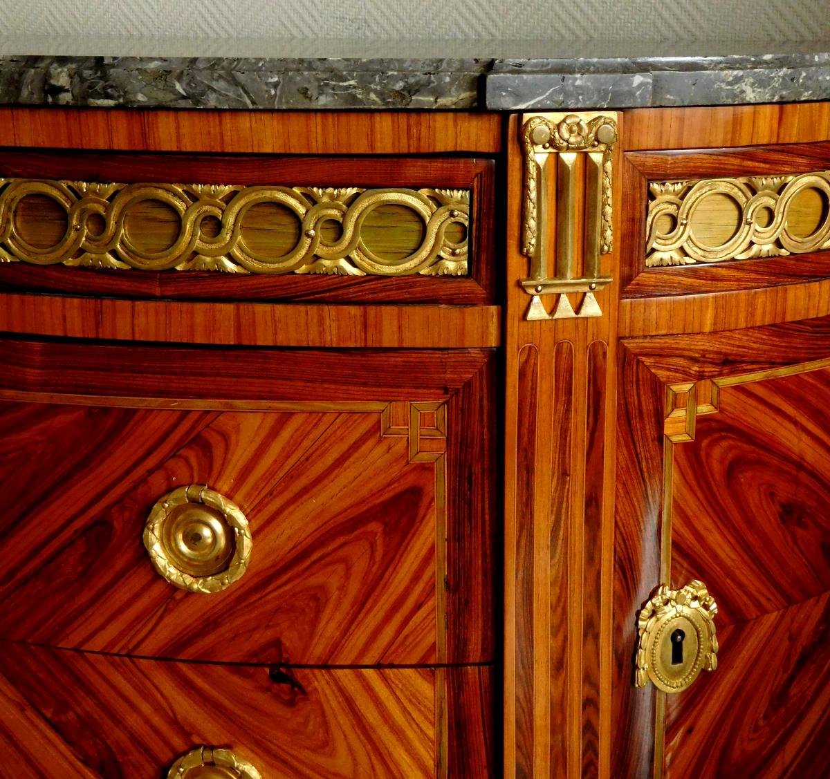 J. Bircklé - Grde Commode Demi Lune d'époque Louis XVI, Marqueterie De Bois De Rose Estampillée-photo-2