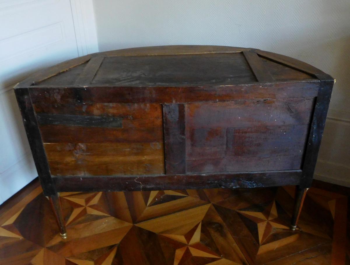 J. Bircklé - Grde Commode Demi Lune d'époque Louis XVI, Marqueterie De Bois De Rose Estampillée-photo-7
