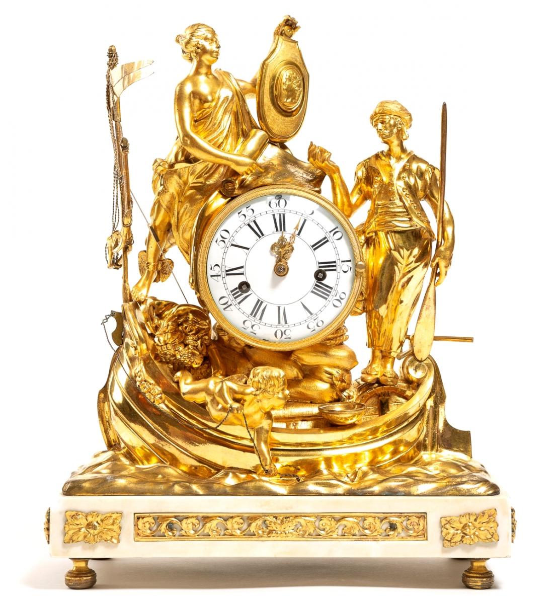 Maritime Trade Allegory Clock - Ormolu Bronze And Marble - Louis XV Period Circa 1770-photo-2