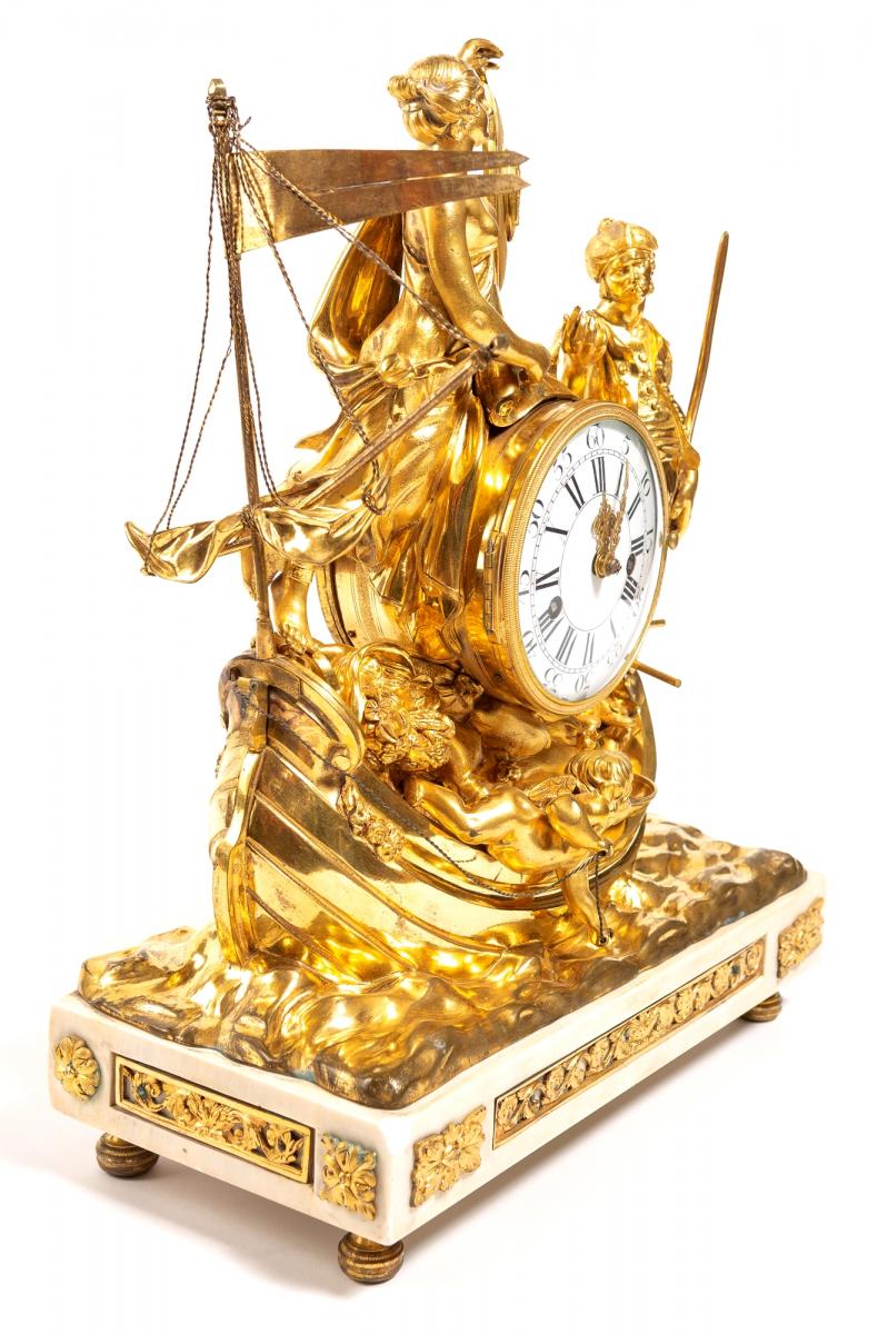Maritime Trade Allegory Clock - Ormolu Bronze And Marble - Louis XV Period Circa 1770-photo-4