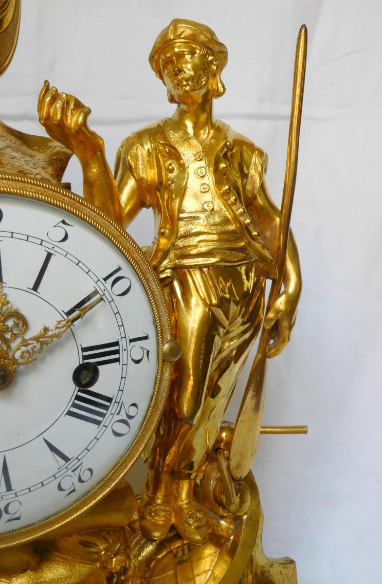 Maritime Trade Allegory Clock - Ormolu Bronze And Marble - Louis XV Period Circa 1770-photo-7