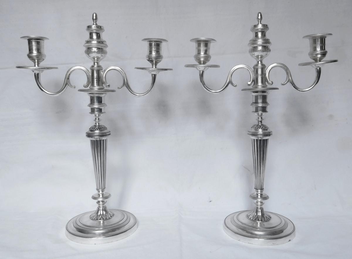 paire de Candélabres, Modèle Du Château De Fontainebleau Bronze Argenté ép. Empire Restauration-photo-2