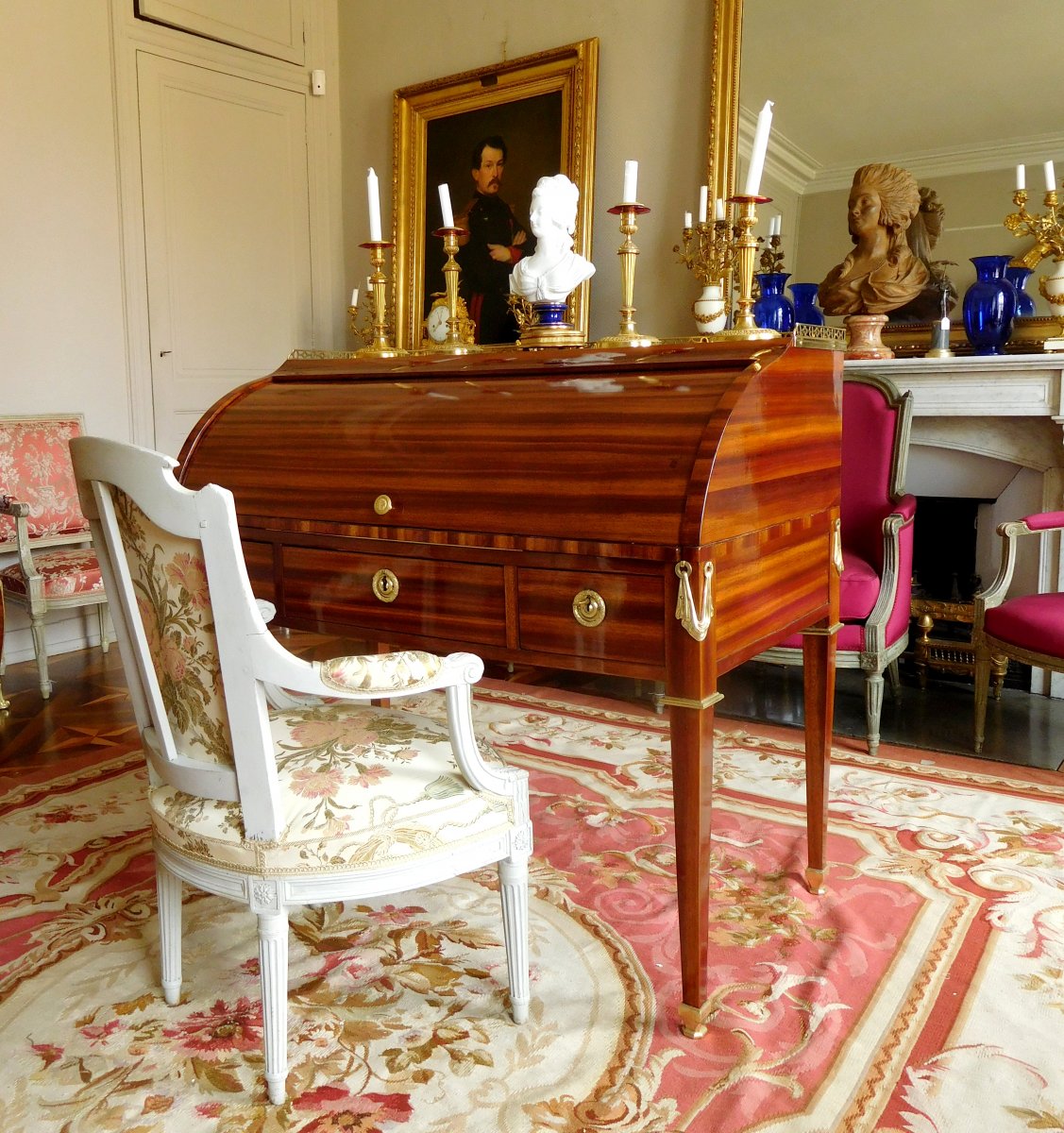 Pierre Macret : Bureau Cylindre De Milieu En Plaquage De Satiné - époque Louis XVI Estampillé-photo-7