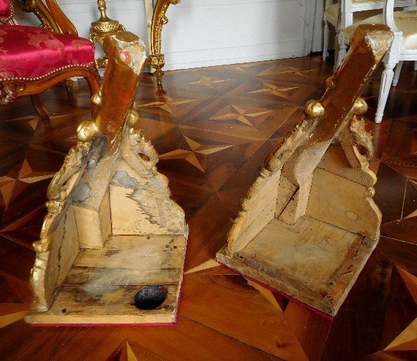 Paire De Grandes Consoles Encoignures De Cage d'Escalier - Style Régence En Bois Doré 19e-photo-4