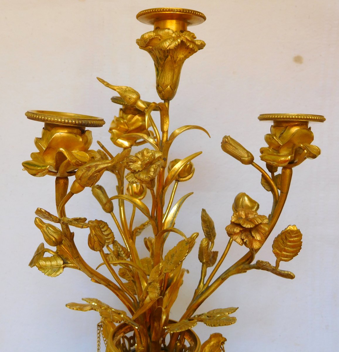 Gilt Bronze Fireplace Trim With Cocks 4 Pieces Louis XVI Marble And Blue Glass-photo-1