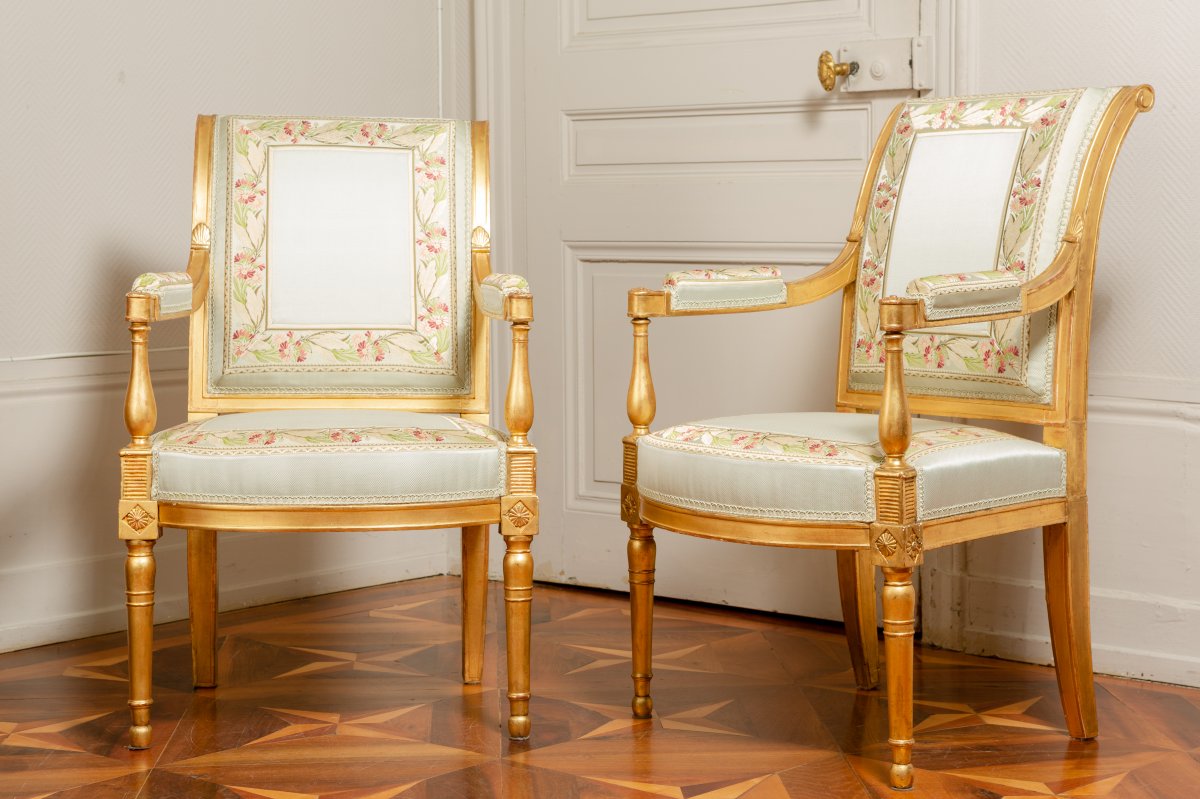 Pair Of Gilt Wood Armchairs - France Circa 1796-1799 Attributed To Jacob