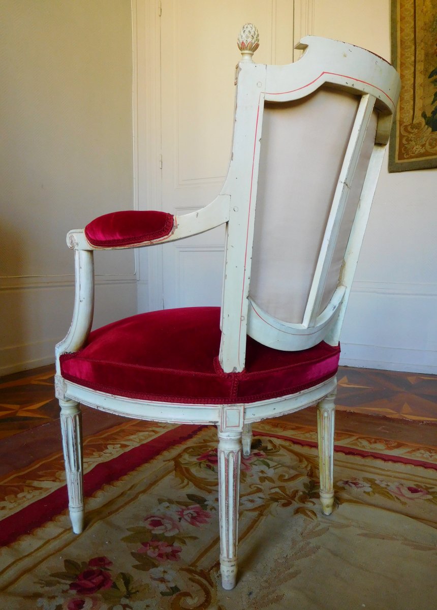ROUSSENS : Mobilier De Salon De 6 Fauteuils Cabriolets Louis XVI en velours de soie Estampille-photo-4