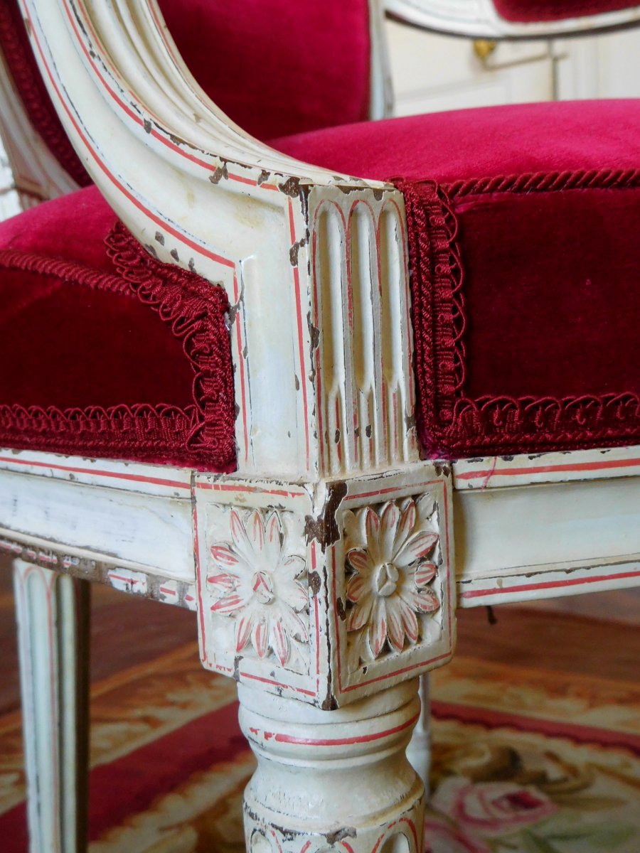 ROUSSENS : Mobilier De Salon De 6 Fauteuils Cabriolets Louis XVI en velours de soie Estampille-photo-4