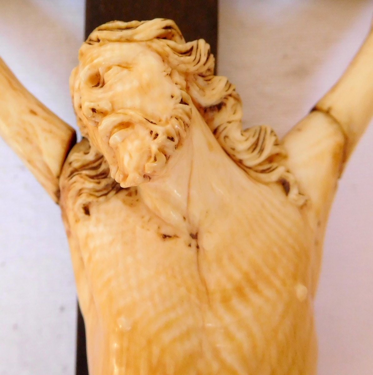 Christ En Ivoire, Crucifix De Fond De Lit d'époque 18e Siècle - Bois Sculpté & Doré Or Fin-photo-5