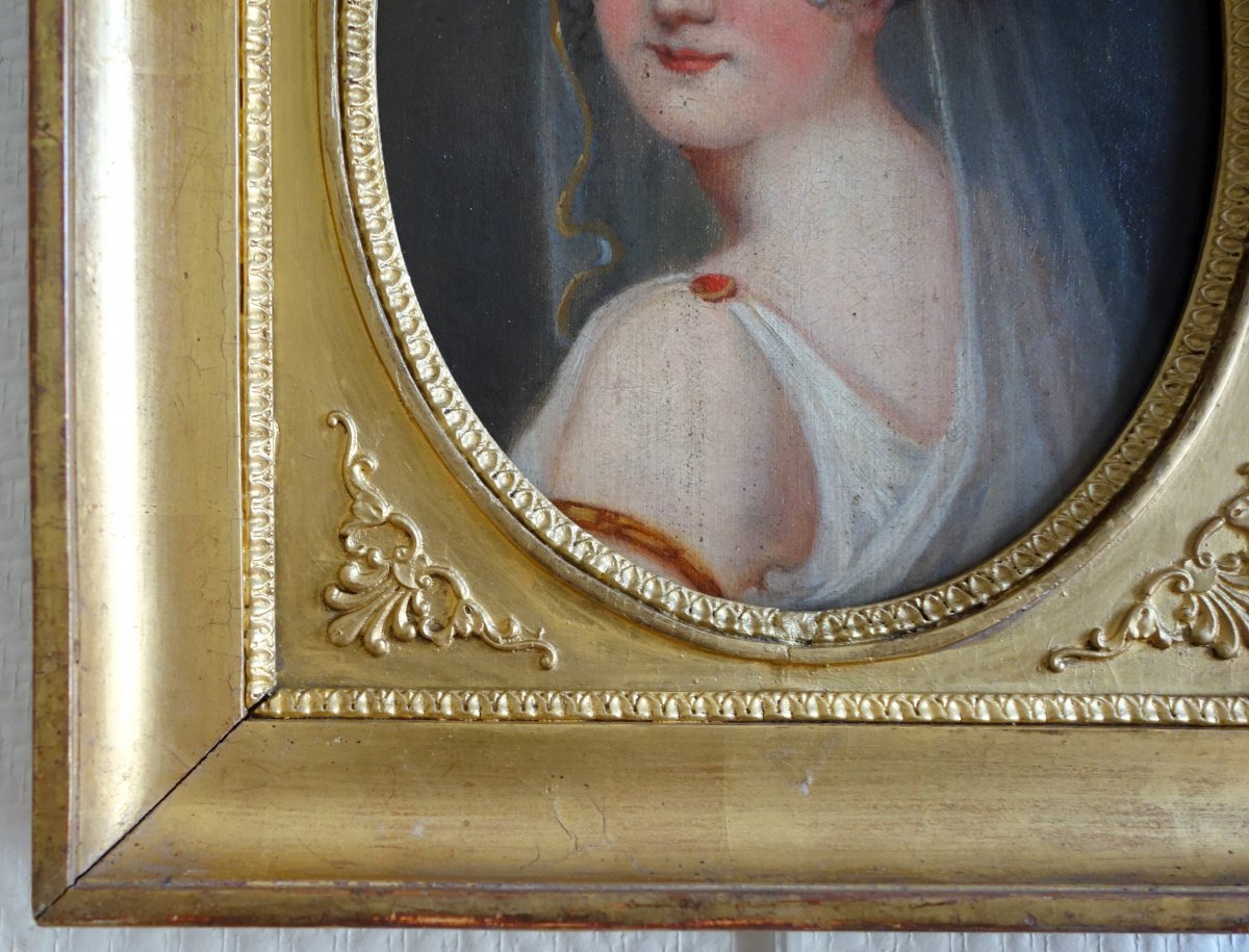 Portrait d'époque Empire De Jeune Fille Vétue à l'Antique - Huile Sur Toile 38x32cm-photo-1