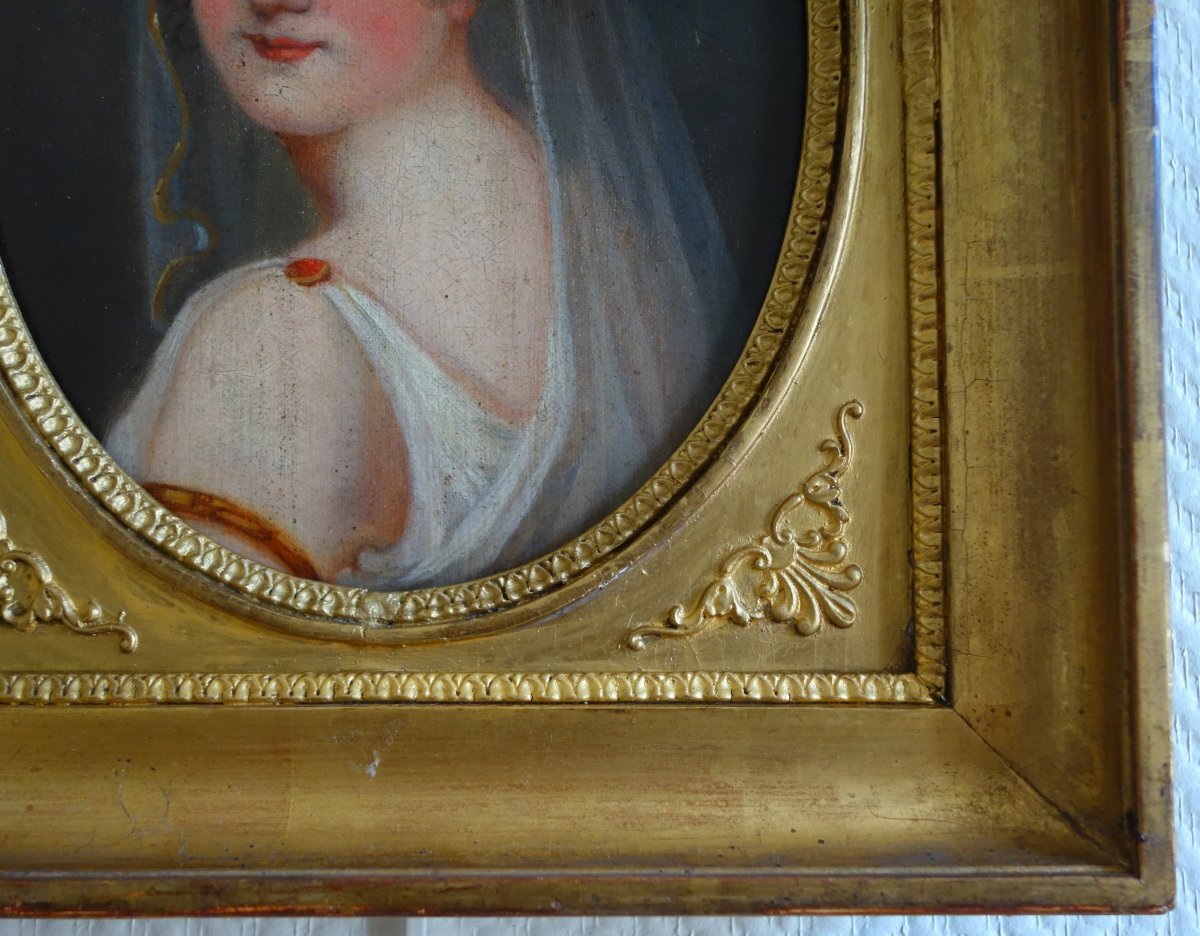 Portrait d'époque Empire De Jeune Fille Vétue à l'Antique - Huile Sur Toile 38x32cm-photo-2