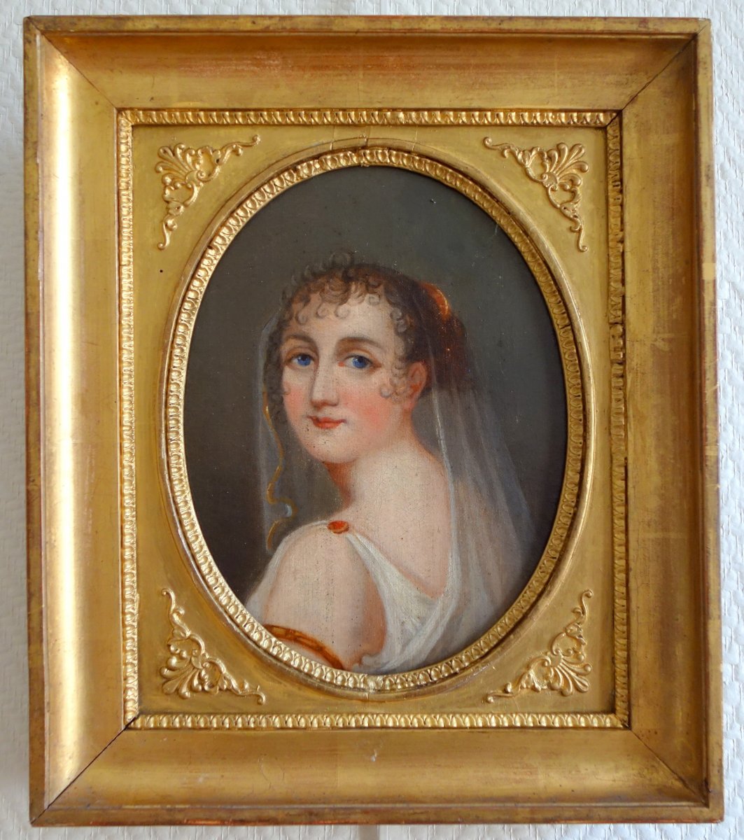 Portrait d'époque Empire De Jeune Fille Vétue à l'Antique - Huile Sur Toile 38x32cm