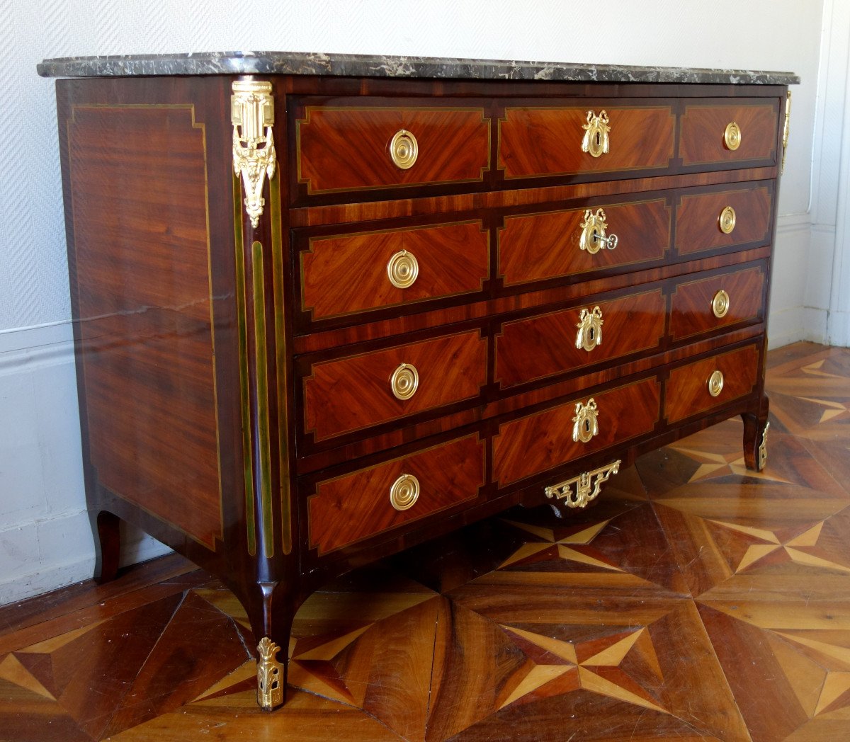 PA Veaux - Longue Commode Pantalonnière En Marqueterie d'époque Louis XVI - 145cm - Estampillée-photo-3