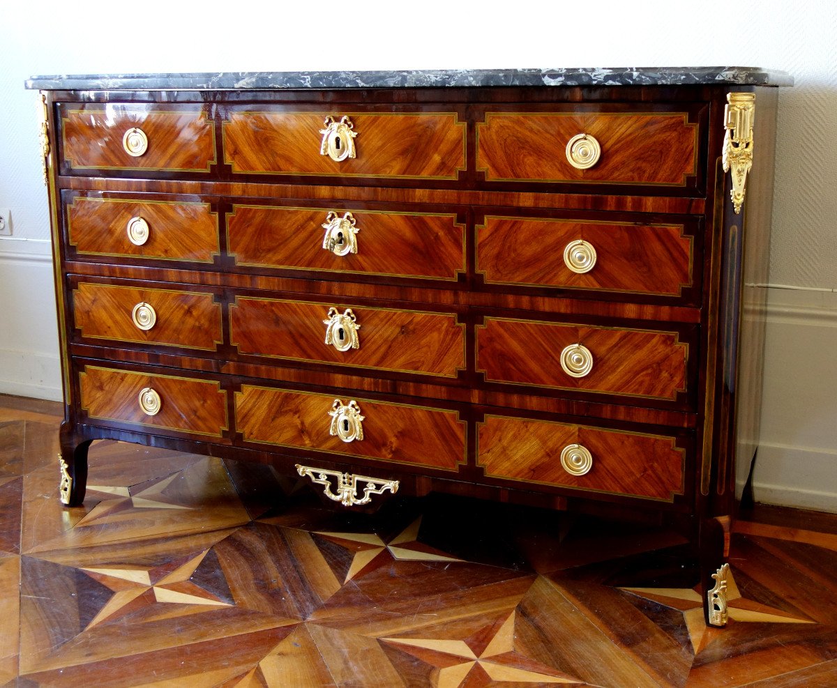 PA Veaux - Longue Commode Pantalonnière En Marqueterie d'époque Louis XVI - 145cm - Estampillée-photo-1