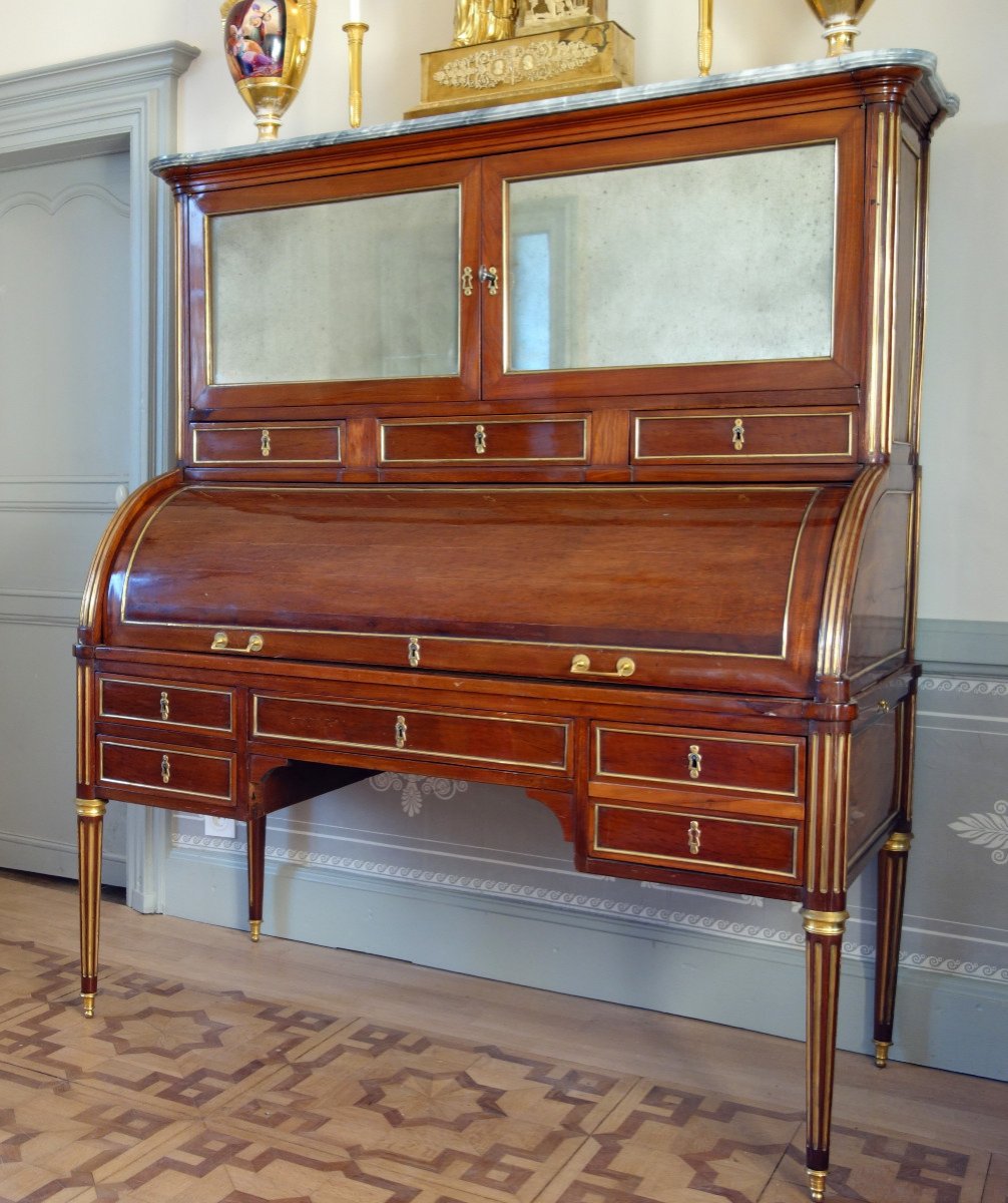 Bureau Cylindre Bibliothèque à Cartonniers En Acajou d'époque Louis XVI, Vernis Au Tampon-photo-4